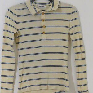 Monn Designer Cream and Blue Striped Thin Rib Knit Polo Shirt Size S